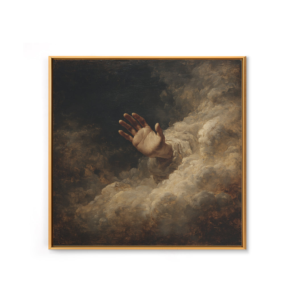 Angelic Hand Reaching Through Clouds Framed Canvas Print, Baroque Art, Maximalist Wall Art, Living Room Decor, Oil Painting, BAO-1x1-93