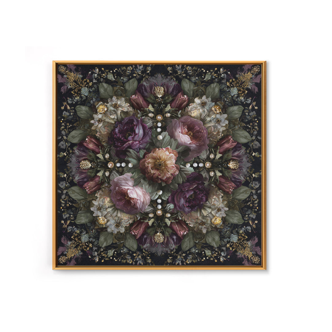 Velvet Drapery with Pearls Flowers and Candlelight Canvas Print, Baroque Art, Living Room Decor, Oil Painting, Ornate, BAO-1x1-99