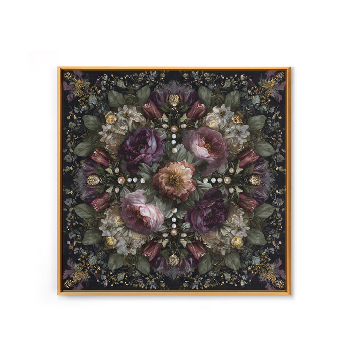 Velvet Drapery with Pearls Flowers and Candlelight Canvas Print, Baroque Art, Living Room Decor, Oil Painting, Ornate, BAO-1x1-99