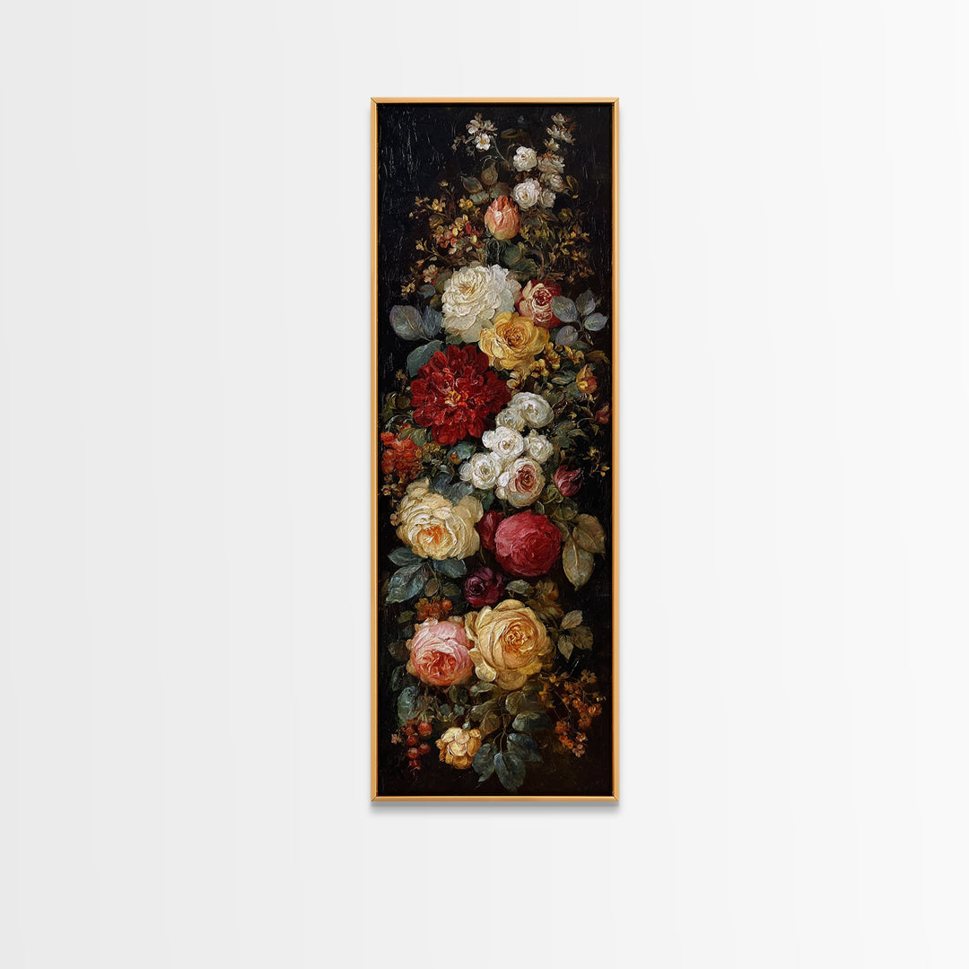 Dark Floral Arrangement Canvas Print, Baroque Art, Gallery Wall, Living Room Decor, Ornate, Neutral Decor, Modern Decor, BAO-1x3-16