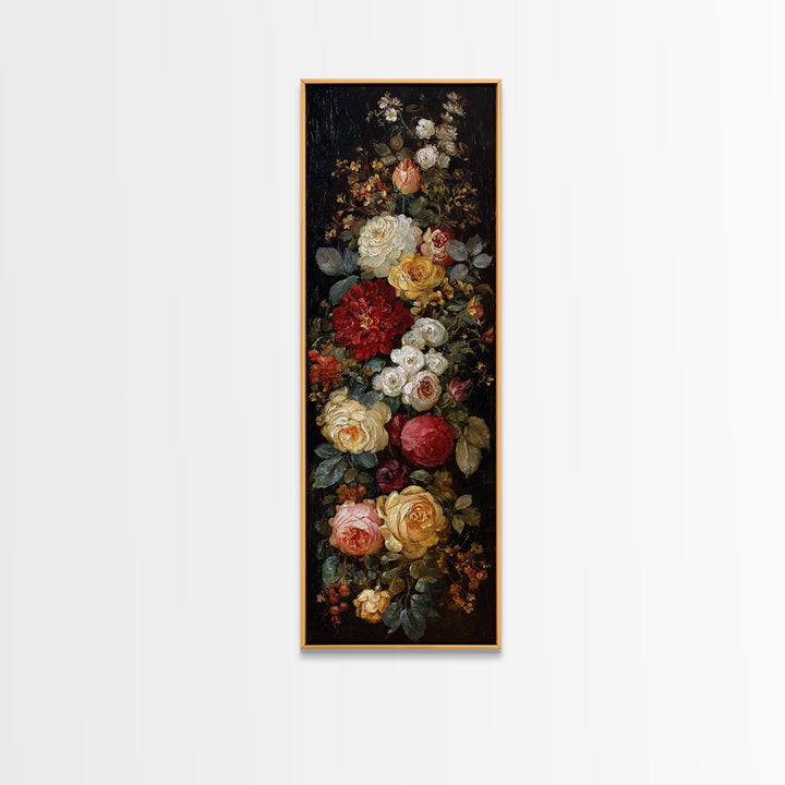 Dark Floral Arrangement Canvas Print, Baroque Art, Gallery Wall, Living Room Decor, Ornate, Neutral Decor, Modern Decor, BAO-1x3-16