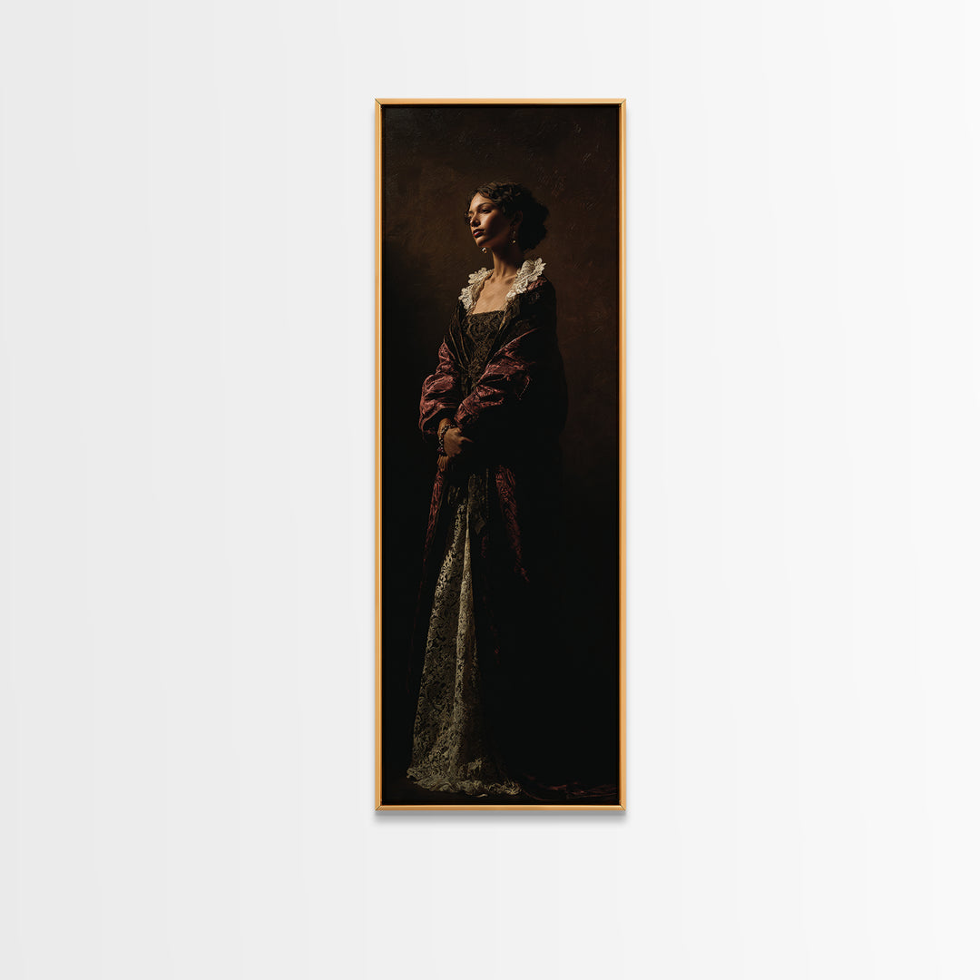 Classical Portrait with Lace Collar and Jewel Framed Canvas Print, Baroque Art, Feminist Art, Living Room Decor, Ornate, BAO-1x3-19