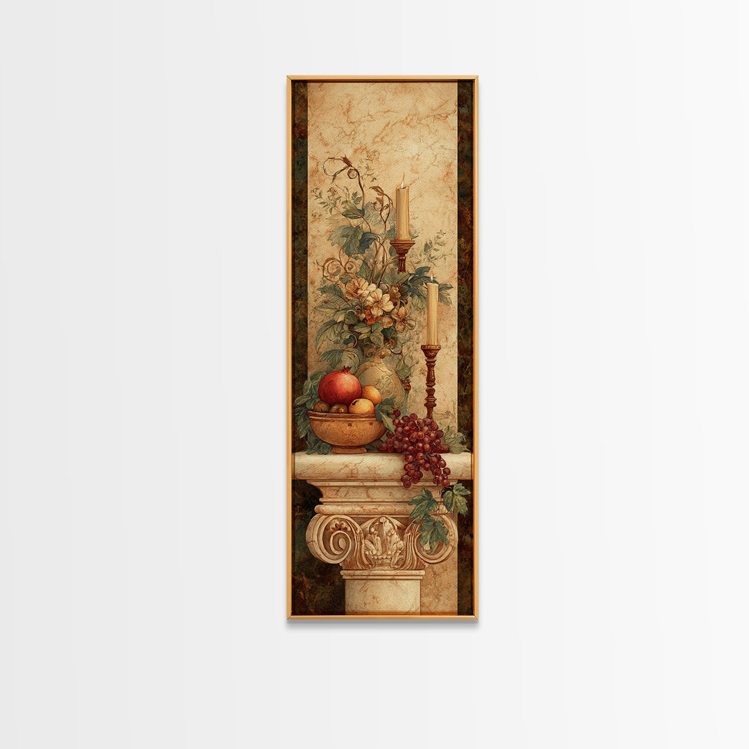 Pomegranate and Grapes on a Marble Ledge Framed Canvas Print, Baroque Art, Dark Academia Art, Living Room Decor, Ornate, BAO-1x3-20