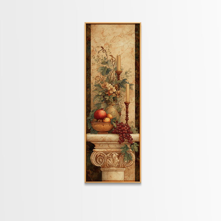Pomegranate and Grapes on a Marble Ledge Framed Canvas Print, Baroque Art, Dark Academia Art, Living Room Decor, Ornate, BAO-1x3-20