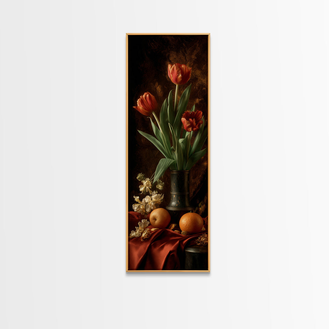 Black Background Tulips Framed Canvas Print, Baroque Art, Room Decor Aesthetic, Living Room Decor, Fine Art, Ornate, Home Decor, BAO-1x3-4