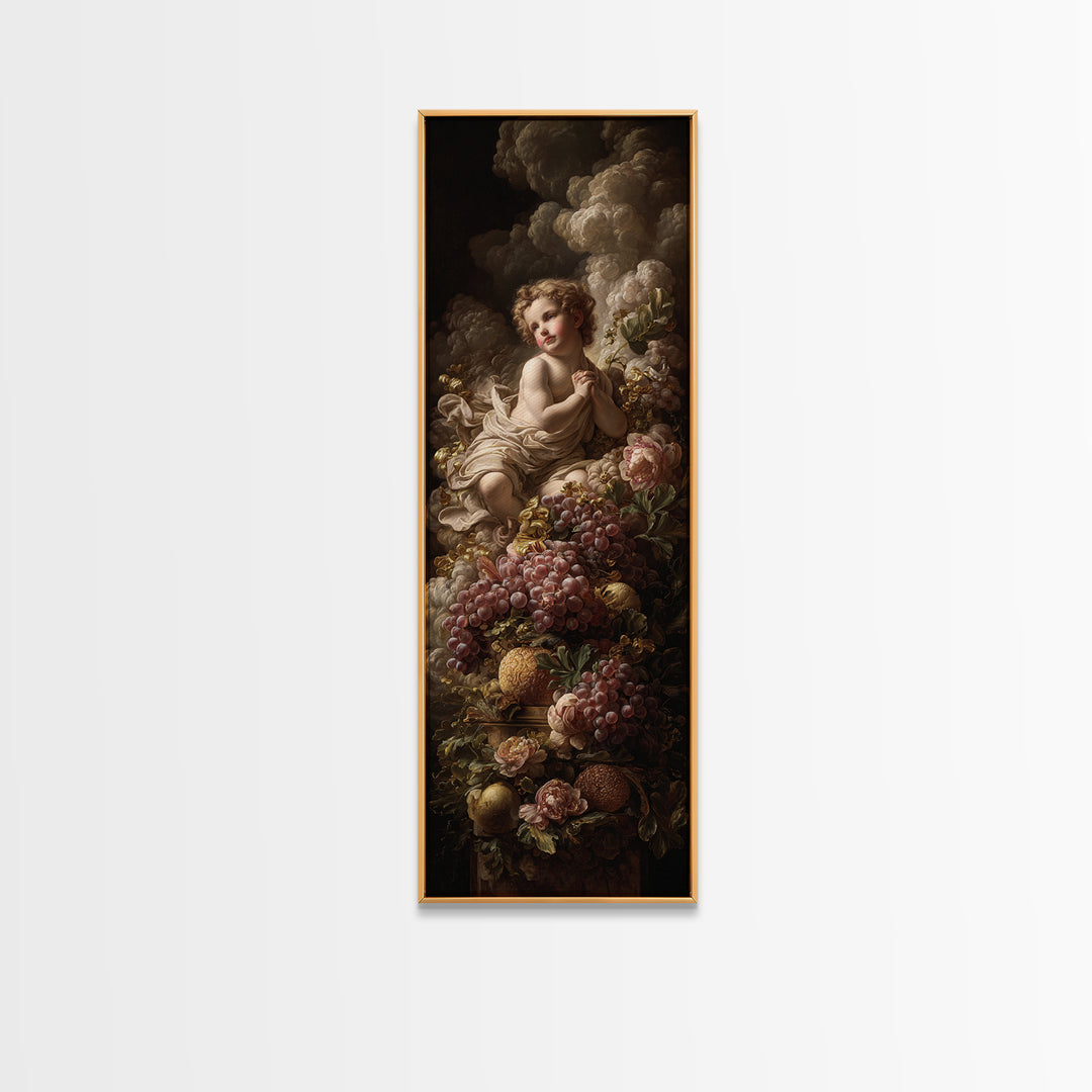 Ornate Cherub Figure Surrounded by Clouds and Framed Canvas Print, Baroque Art, Dark Academia Art, Living Room Decor, Ornate, BAO-1x3-62