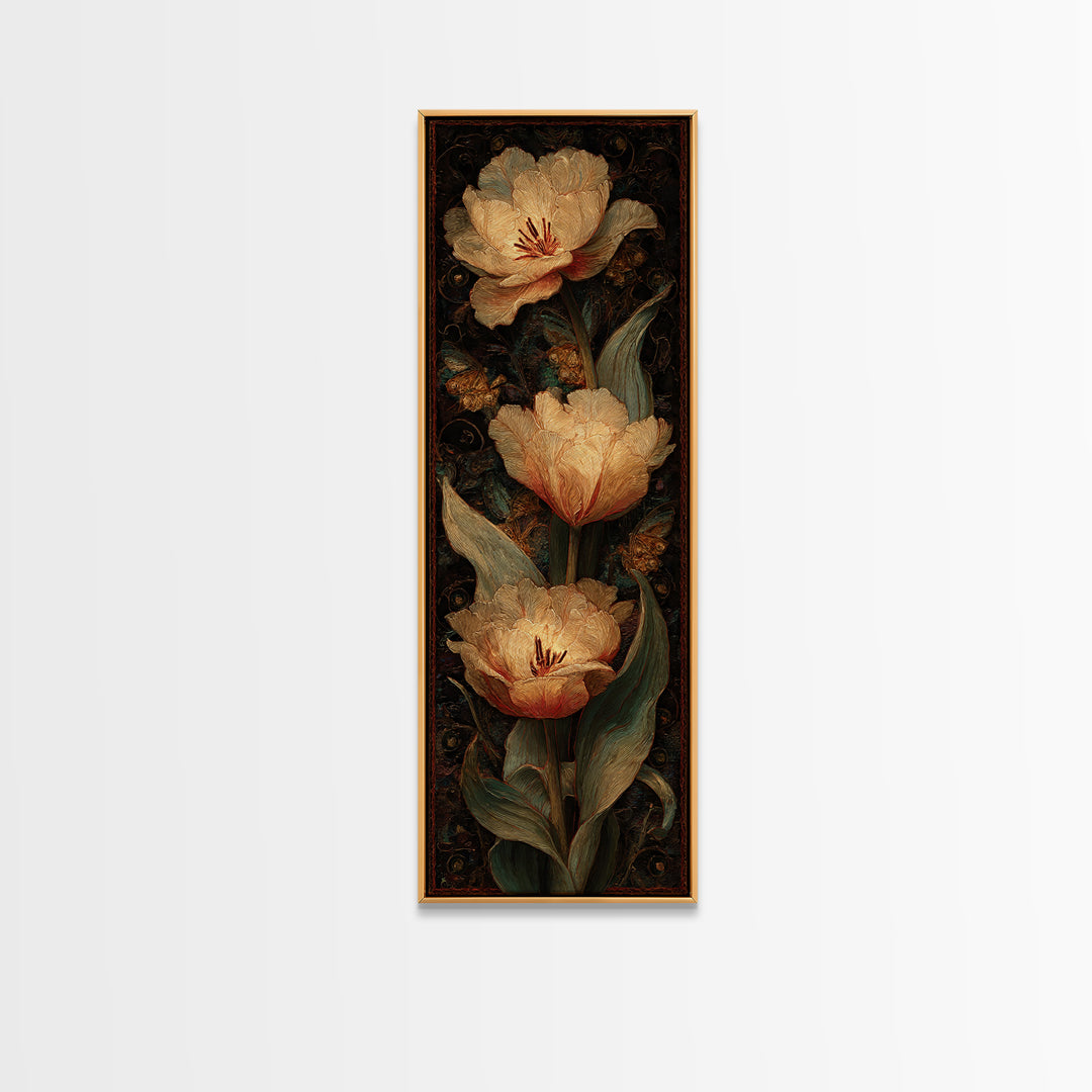 Black Background Tulips Framed Canvas Print, Baroque Art, Room Decor, Living Room Decor, Oil Painting, Ornate, Digital Wall Art, BAO-1x3-76