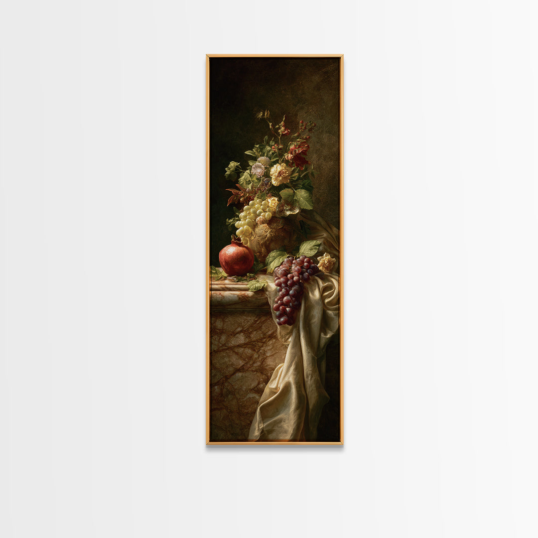 Pomegranate and Grapes on a Marble Ledge Framed Canvas Print, Baroque Art, Contemporary Art, Living Room Decor, Ornate, BAO-1x3-92