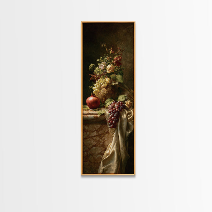 Pomegranate and Grapes on a Marble Ledge Framed Canvas Print, Baroque Art, Contemporary Art, Living Room Decor, Ornate, BAO-1x3-92