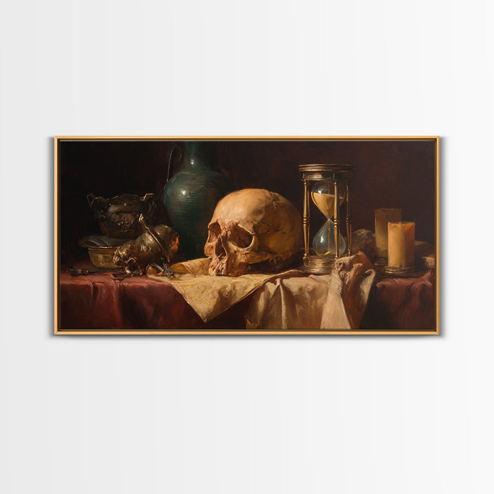 Skull and Hourglass Vanitas Still Life Framed Canvas Print, Baroque Art, Neutral Decor, Living Room Decor, Fine Art, Ornate, BAO-2x1-1