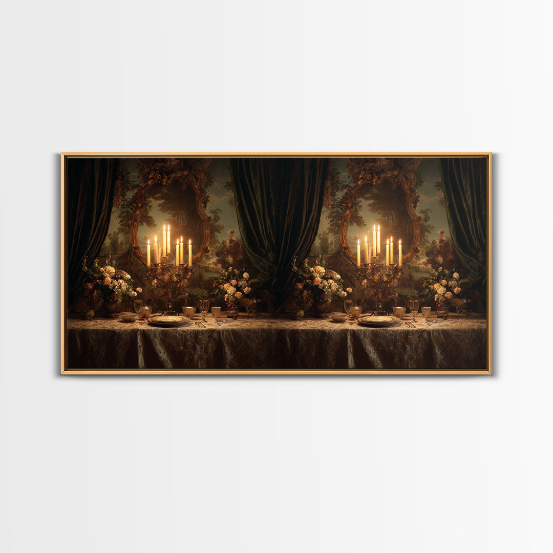 Velvet Drapery with Pearls Flowers and Candlelight Framed Canvas Print, Baroque Art, Wall Art, Living Room Decor, BAO-2x1-23