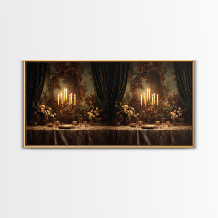 Velvet Drapery with Pearls Flowers and Candlelight Framed Canvas Print, Baroque Art, Wall Art, Living Room Decor, BAO-2x1-23