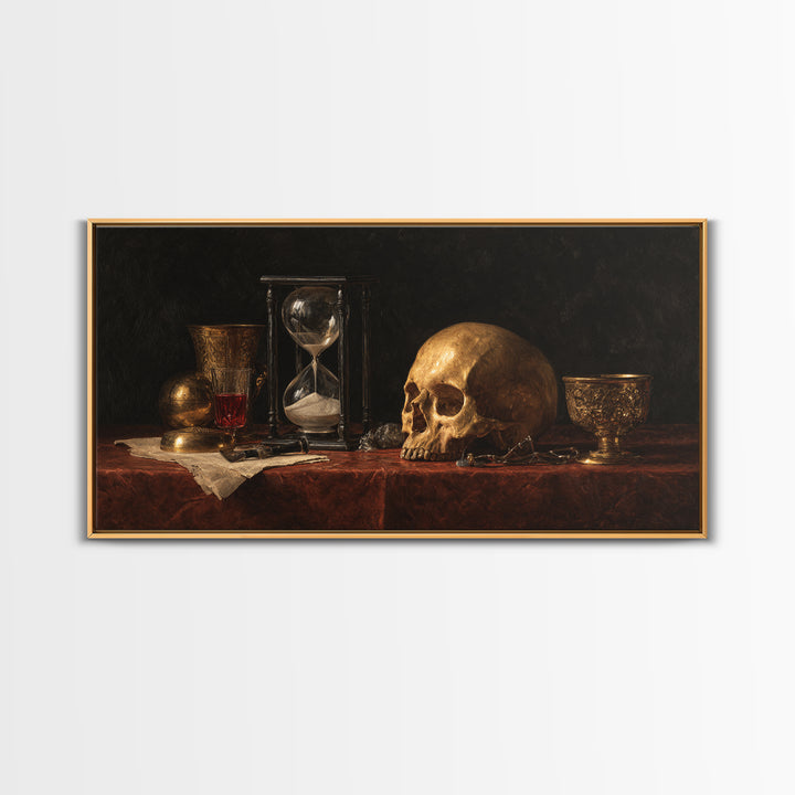 Skull and Hourglass Vanitas Still Life Framed Canvas Print, Baroque Art, Neutral Decor, Living Room Decor, Fine Art, Ornate, BAO-2x1-25