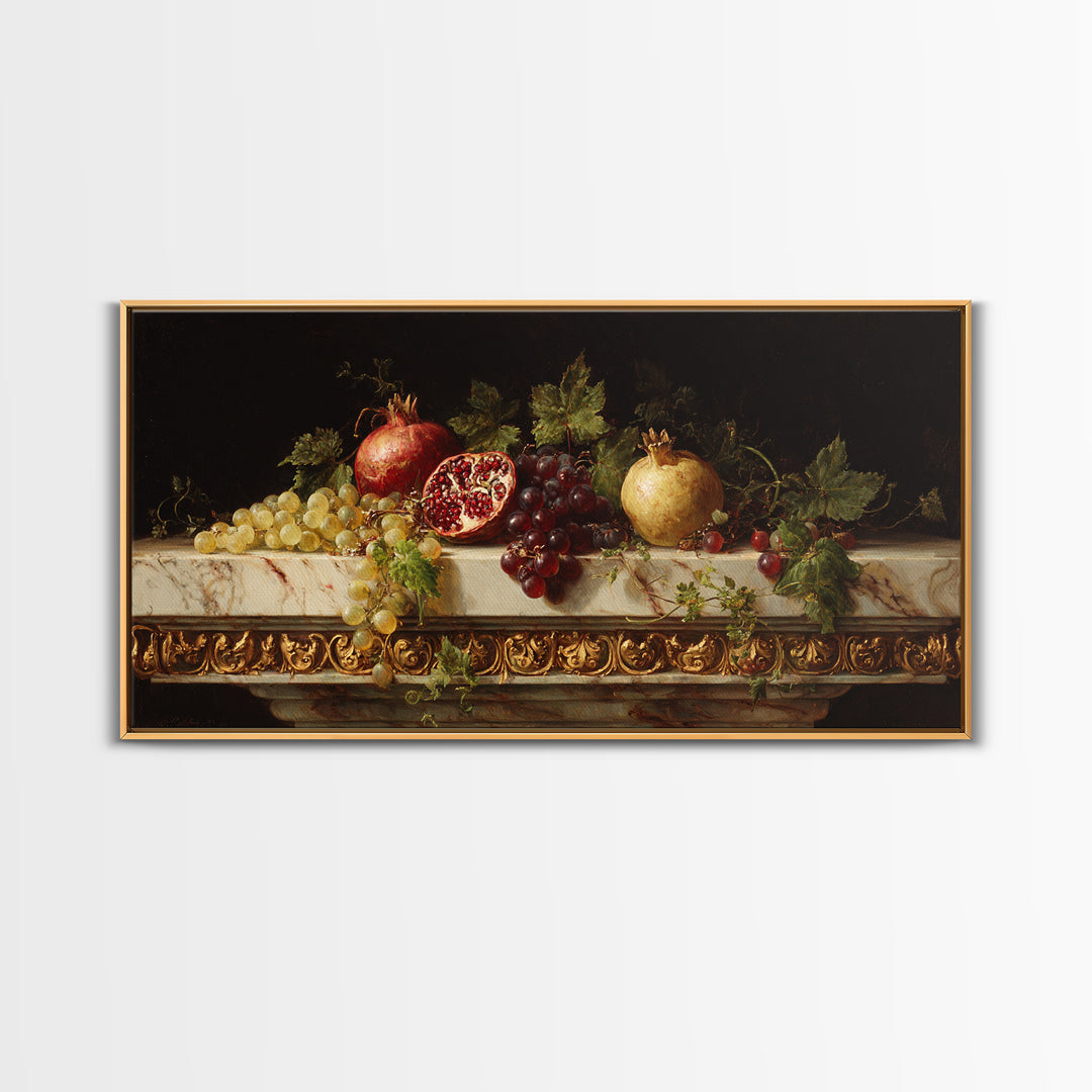 Pomegranate and Grapes on a Marble Ledge Framed Canvas Print, Baroque Art, Textured Painting, Living Room Decor, Ornate, BAO-2x1-28