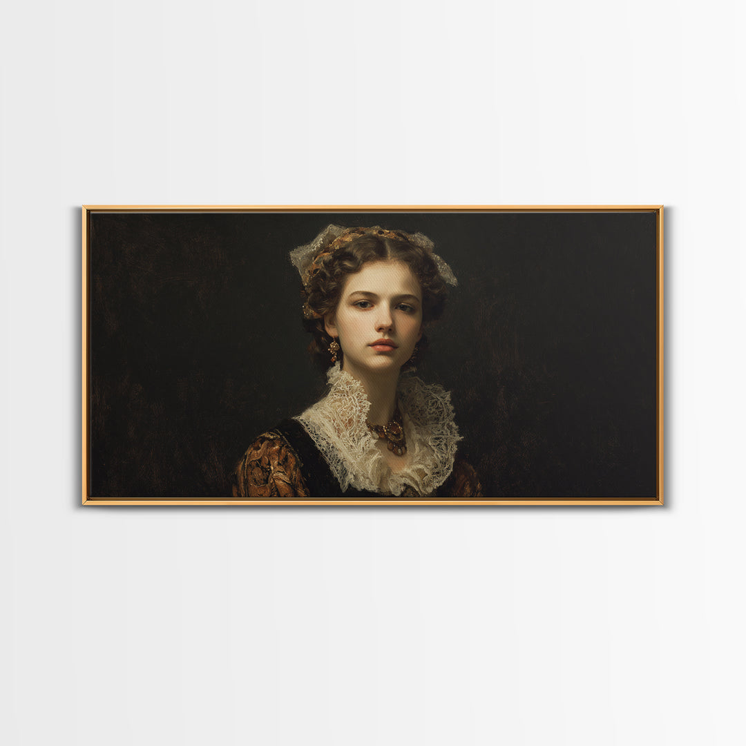 Classical Portrait with Lace Collar and Jewel Framed Canvas Print, Baroque Art, Oil Painting, Living Room Decor, Ornate, BAO-2x1-3