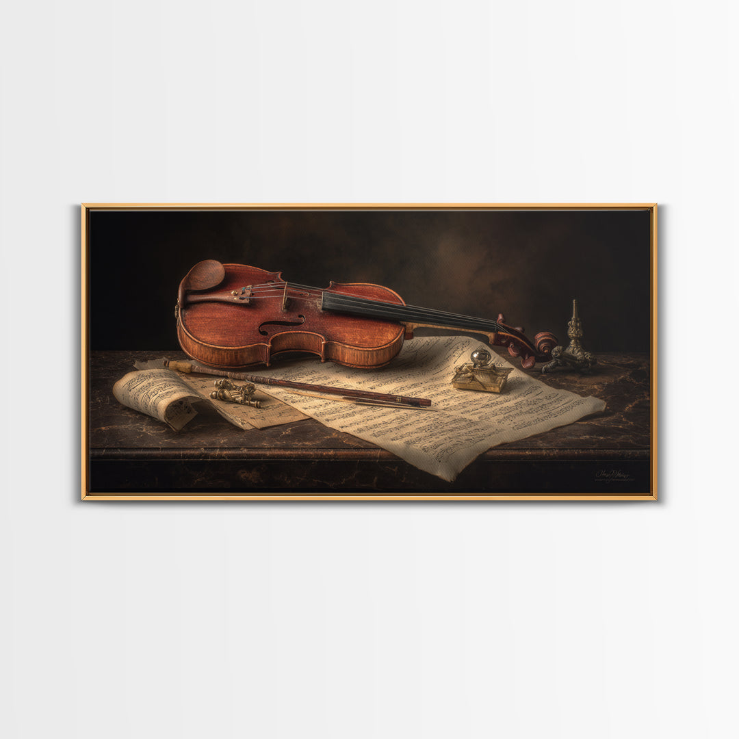 Baroque Violin and Sheet Music Still Life Canvas Print, Baroque Art, Art, Living Room Decor, Fine Art, Ornate, Modern Wall Art, BAO-2x1-31