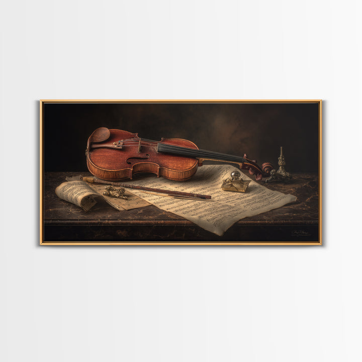 Baroque Violin and Sheet Music Still Life Canvas Print, Baroque Art, Art, Living Room Decor, Fine Art, Ornate, Modern Wall Art, BAO-2x1-31