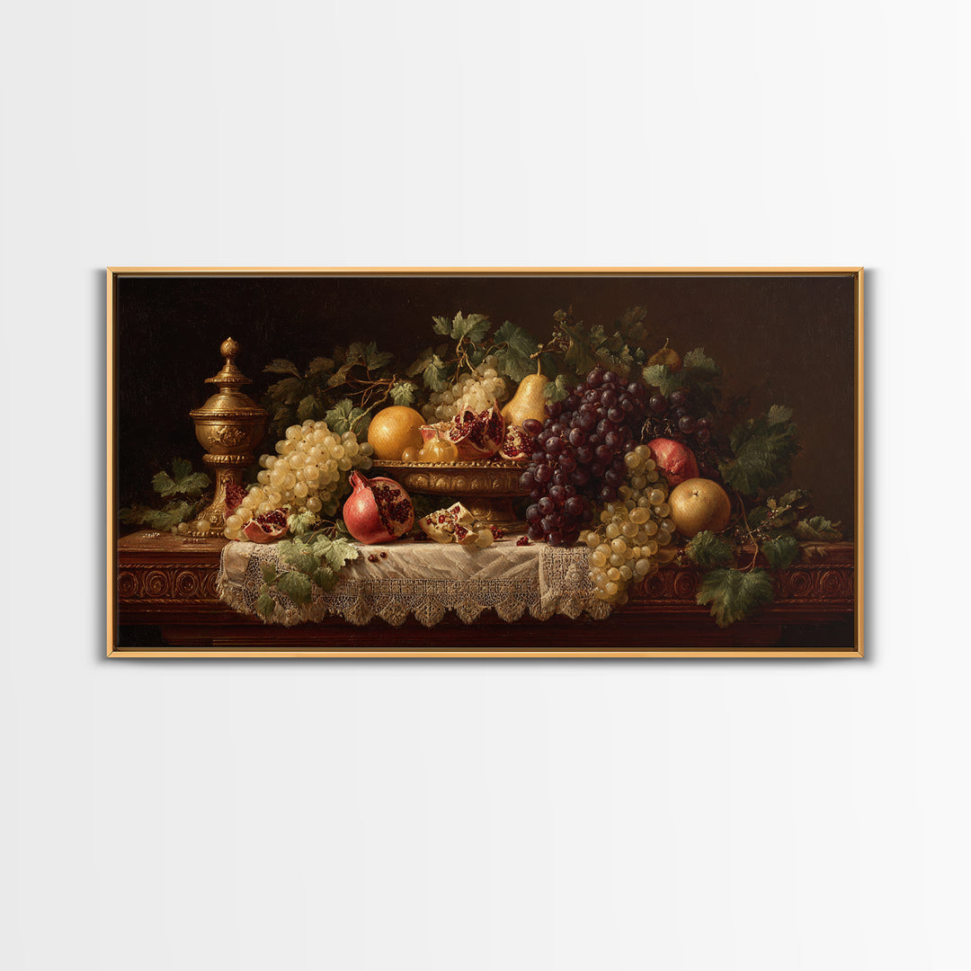 Lavish Banquet Fruit Composition Framed Canvas Print, Baroque Art, Contemporary Art, Living Room Decor, Fine Art, Ornate, BAO-2x1-40