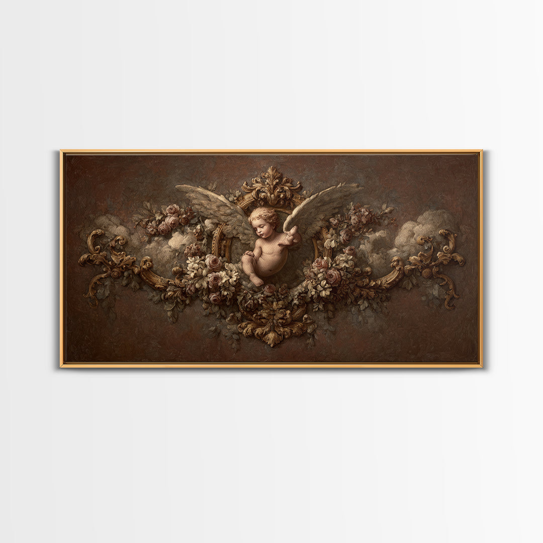 Ornate Cherub Figure Surrounded by Clouds and Framed Canvas Print, Baroque Art, Neutral Decor, Living Room Decor, Ornate, BAO-2x1-46
