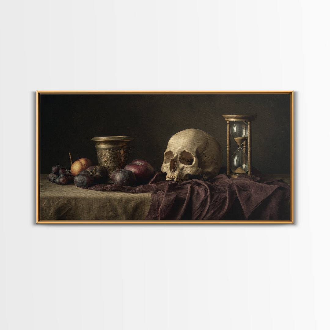 Skull and Hourglass Vanitas Still Life Canvas Print, Baroque Art, Luxury Decor, Living Room Decor, Ornate, Oil Painting, BAO-2x1-49