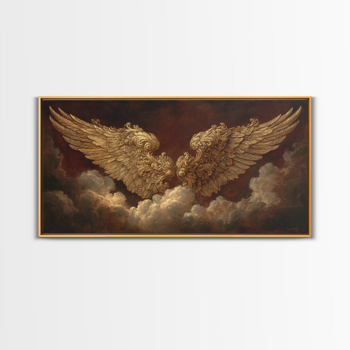 Gilded Angel Wings Emerging from Storm Clouds Framed Canvas Print, Baroque Art, Modern Decor, Living Room Decor, Ornate, BAO-2x1-50