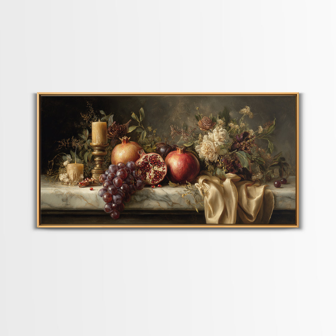 Pomegranate and Grapes on a Marble Ledge Canvas Print, Baroque Art, Art, Living Room Decor, Fine Art, Ornate, Modern Wall Art, BAO-2x1-52