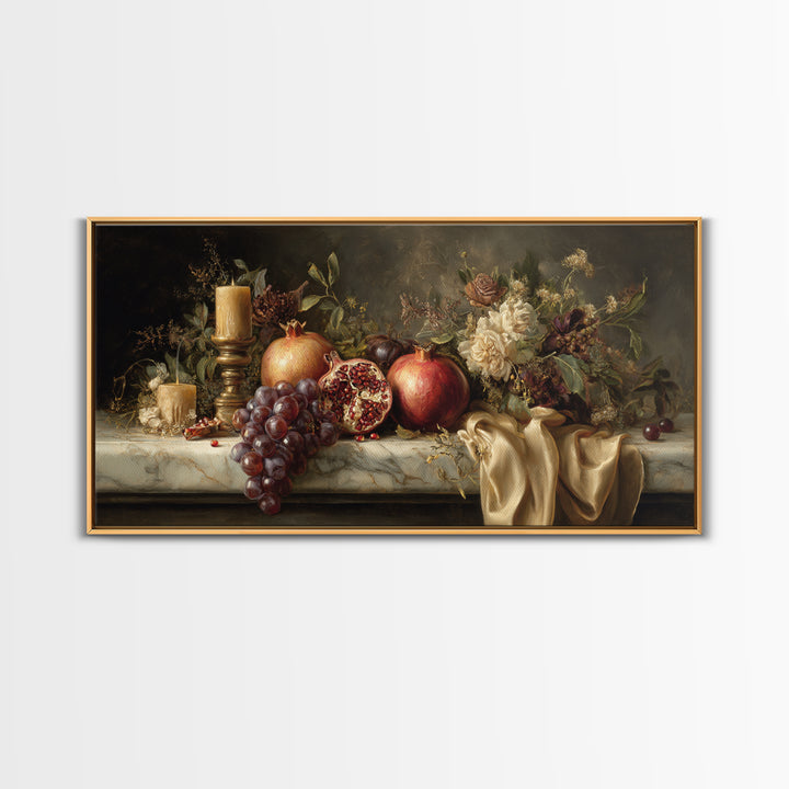 Pomegranate and Grapes on a Marble Ledge Canvas Print, Baroque Art, Art, Living Room Decor, Fine Art, Ornate, Modern Wall Art, BAO-2x1-52