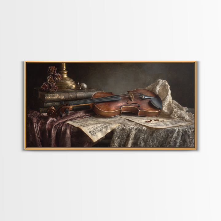 Baroque Violin and Sheet Music Still Life Framed Canvas Print, Baroque Art, Digital Wall Art, Living Room Decor, Ornate, BAO-2x1-55