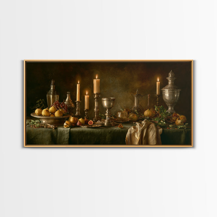 Candlelit Table with Silver Goblet and Figs Canvas Print, Baroque Art, Fine Art Print, Living Room Decor, Fine Art, Ornate, BAO-2x1-57