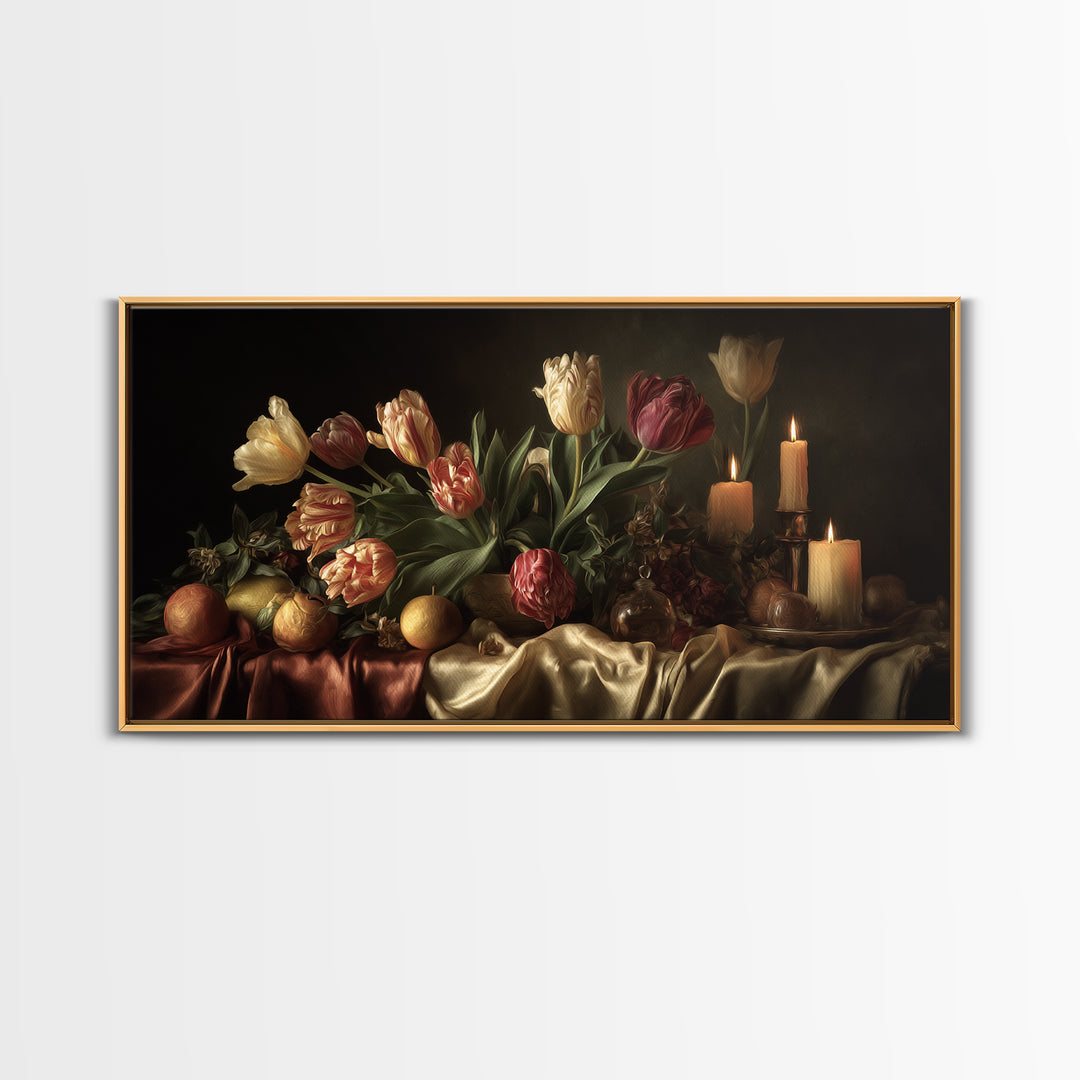 Black Background Tulips Framed Canvas Print, Baroque Art, Decor, Living Room Decor, Oil Painting, Ornate, Moody Wall Art, BAO-2x1-60