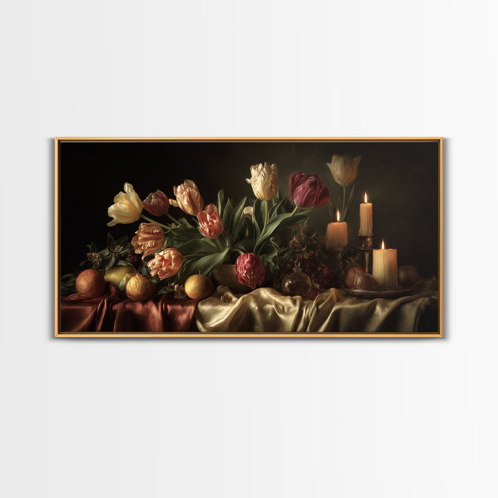 Black Background Tulips Framed Canvas Print, Baroque Art, Decor, Living Room Decor, Oil Painting, Ornate, Moody Wall Art, BAO-2x1-60