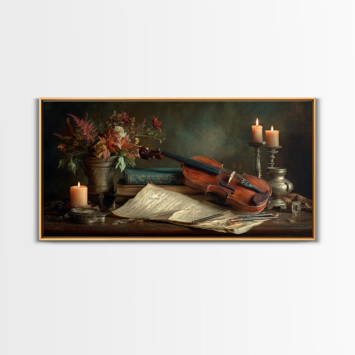 Baroque Violin and Sheet Music Still Life Framed Canvas Print, Baroque Art, Textured Painting, Living Room Decor, Ornate, BAO-2x1-7