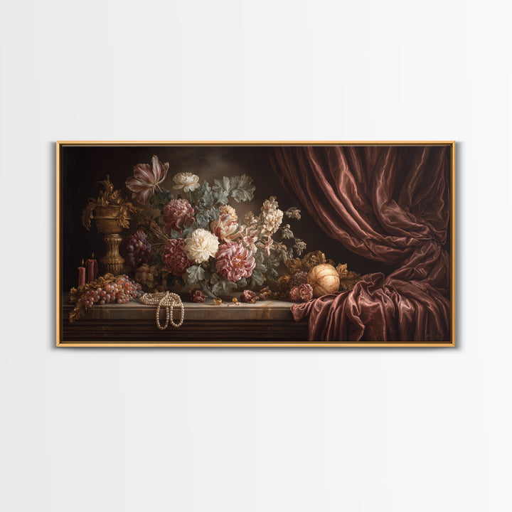 Velvet Drapery with Pearls Flowers and Candlelight Canvas Print, Baroque Art, Minimalist Wall Art, Living Room Decor, Ornate, BAO-2x1-71