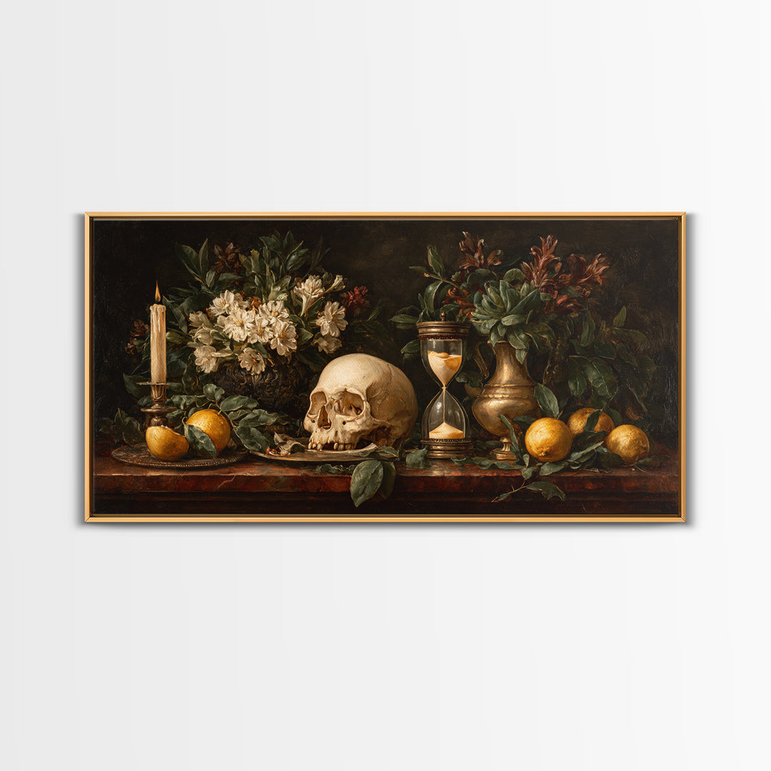 Skull and Hourglass Vanitas Still Life Canvas Print, Baroque Art, Luxury Decor, Living Room Decor, Ornate, Oil Painting, BAO-2x1-73