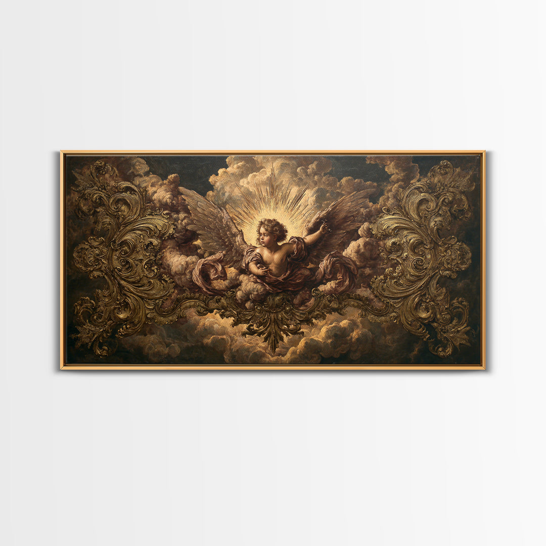 Ornate Cherub Figure Surrounded by Clouds and Canvas Print, Baroque Art, Luxury Decor, Living Room Decor, Fine Art, Ornate, BAO-2x1-94