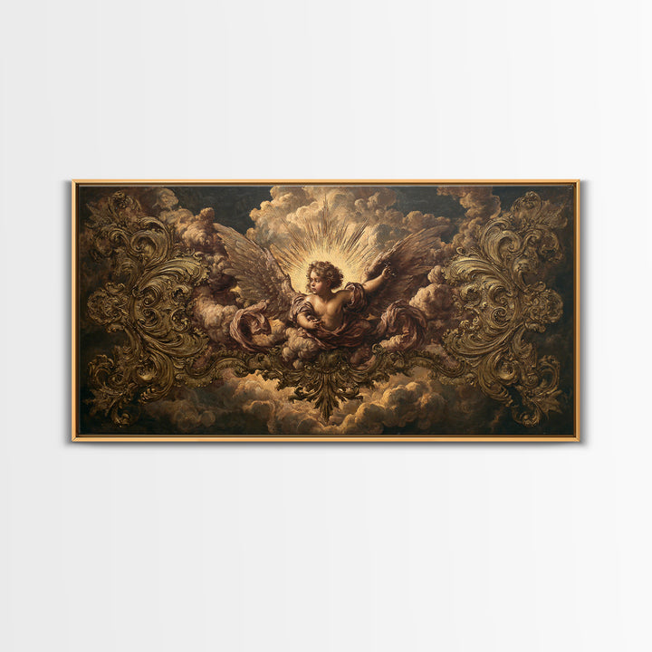 Ornate Cherub Figure Surrounded by Clouds and Canvas Print, Baroque Art, Luxury Decor, Living Room Decor, Fine Art, Ornate, BAO-2x1-94