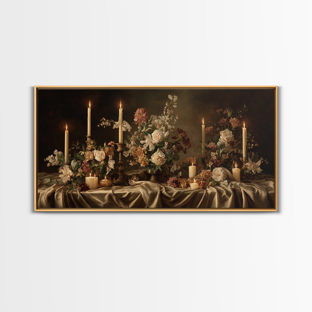 Velvet Drapery with Pearls Flowers and Candlelight Canvas Print, Baroque Art, Maximalist Decor, Living Room Decor, Ornate, BAO-2x1-95