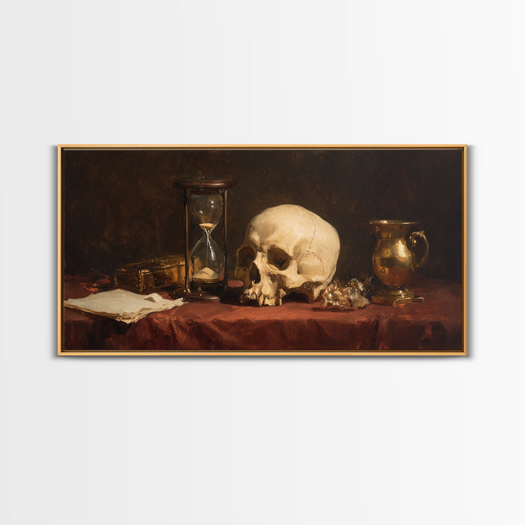 Skull and Hourglass Vanitas Still Life Framed Canvas Print, Baroque Art, Contemporary Art, Living Room Decor, Fine Art, Ornate, BAO-2x1-97