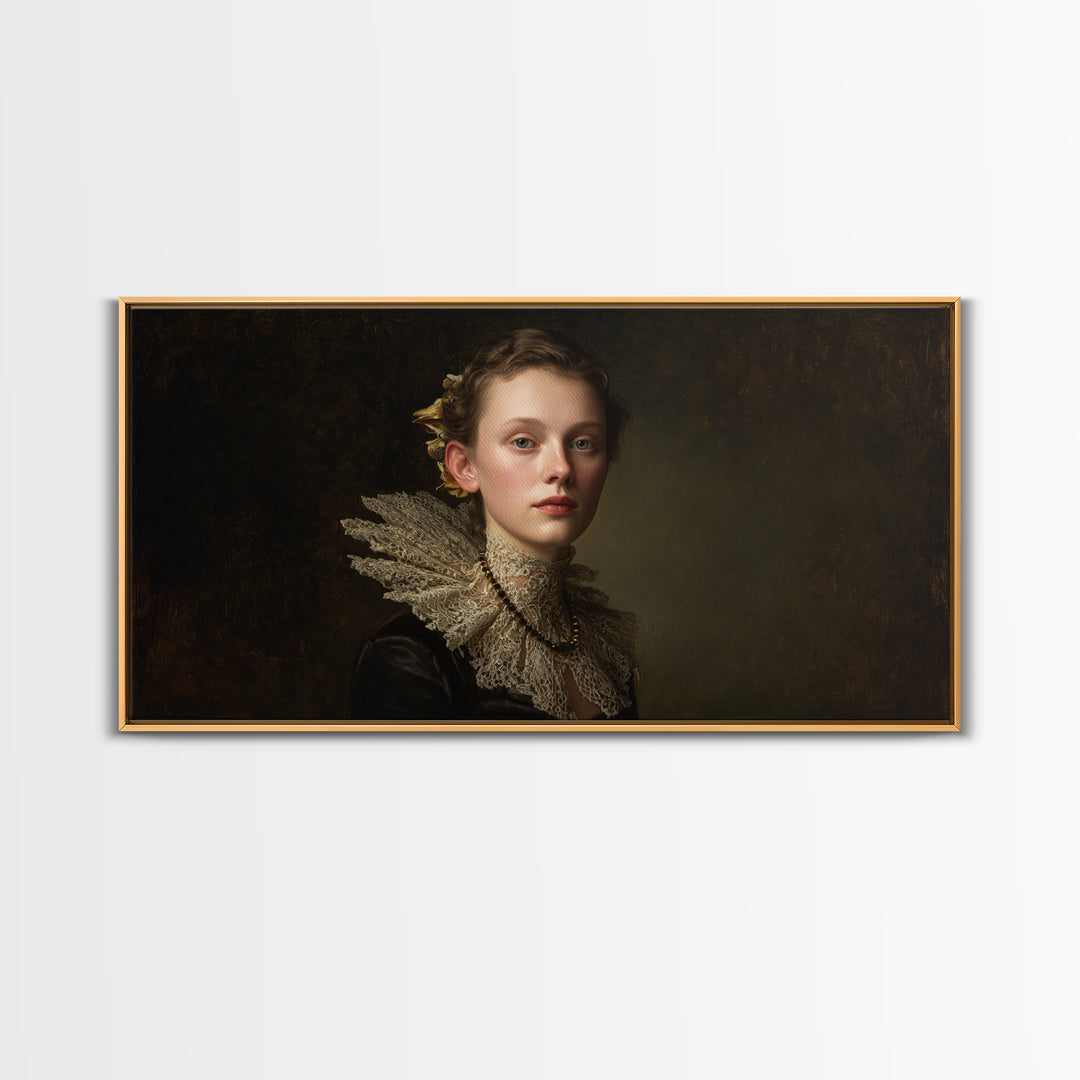 Classical Portrait with Lace Collar and Jewel Framed Canvas Print, Baroque Art, Oil Painting, Living Room Decor, Ornate, BAO-2x1-99