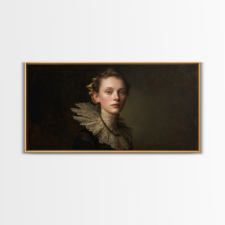 Classical Portrait with Lace Collar and Jewel Framed Canvas Print, Baroque Art, Oil Painting, Living Room Decor, Ornate, BAO-2x1-99