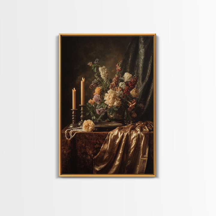 Velvet Drapery with Pearls Flowers and Candlelight Canvas Print, Baroque Art, Printable Art, Living Room Decor, Ornate, BAO-2x3-11