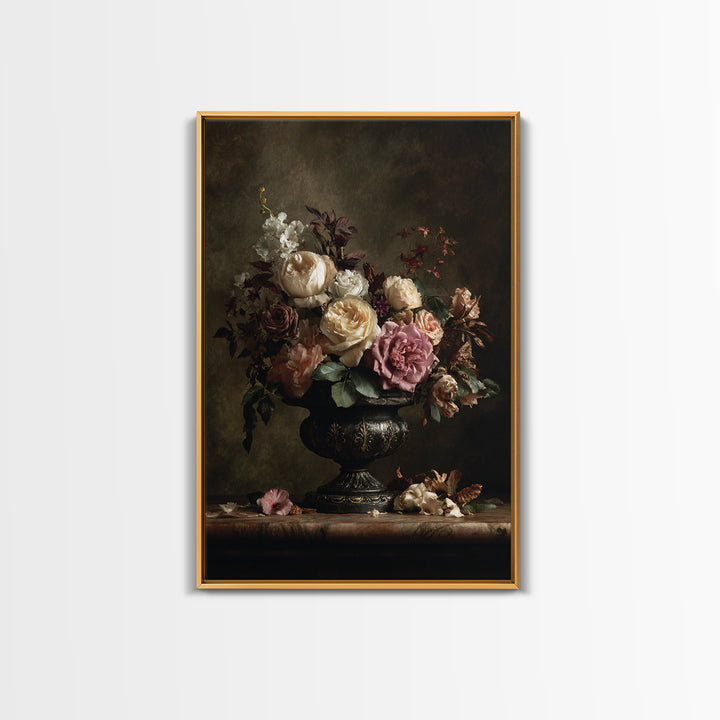 Dark Floral Arrangement Framed Canvas Print, Baroque Art, Feminist Art, Living Room Decor, Fine Art, Ornate, Luxury Decor, BAO-2x3-12