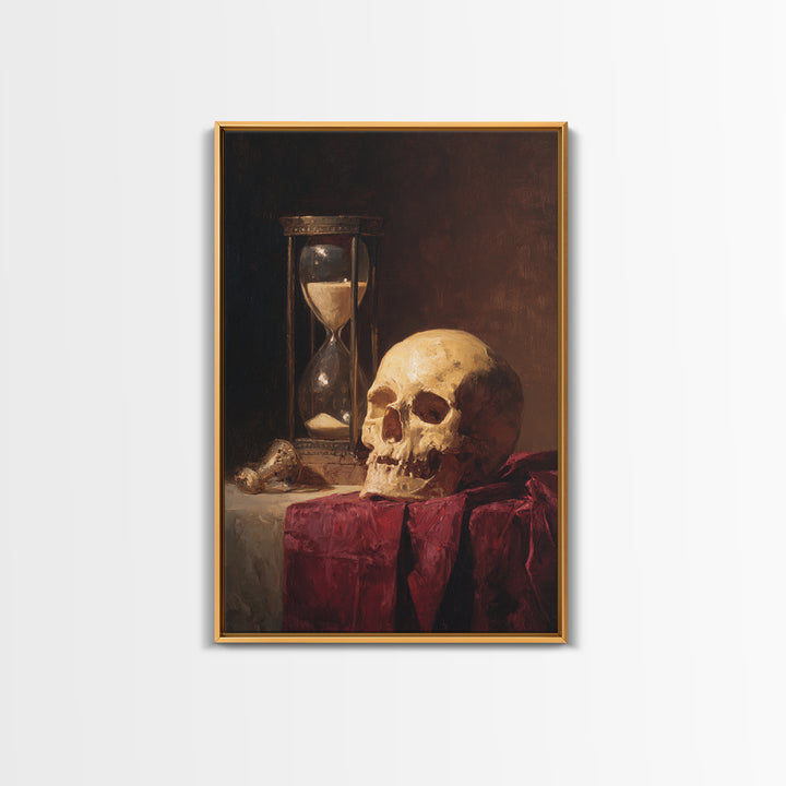 Skull and Hourglass Vanitas Still Life Framed Canvas Print, Baroque Art, Neutral Decor, Living Room Decor, Fine Art, Ornate, BAO-2x3-13