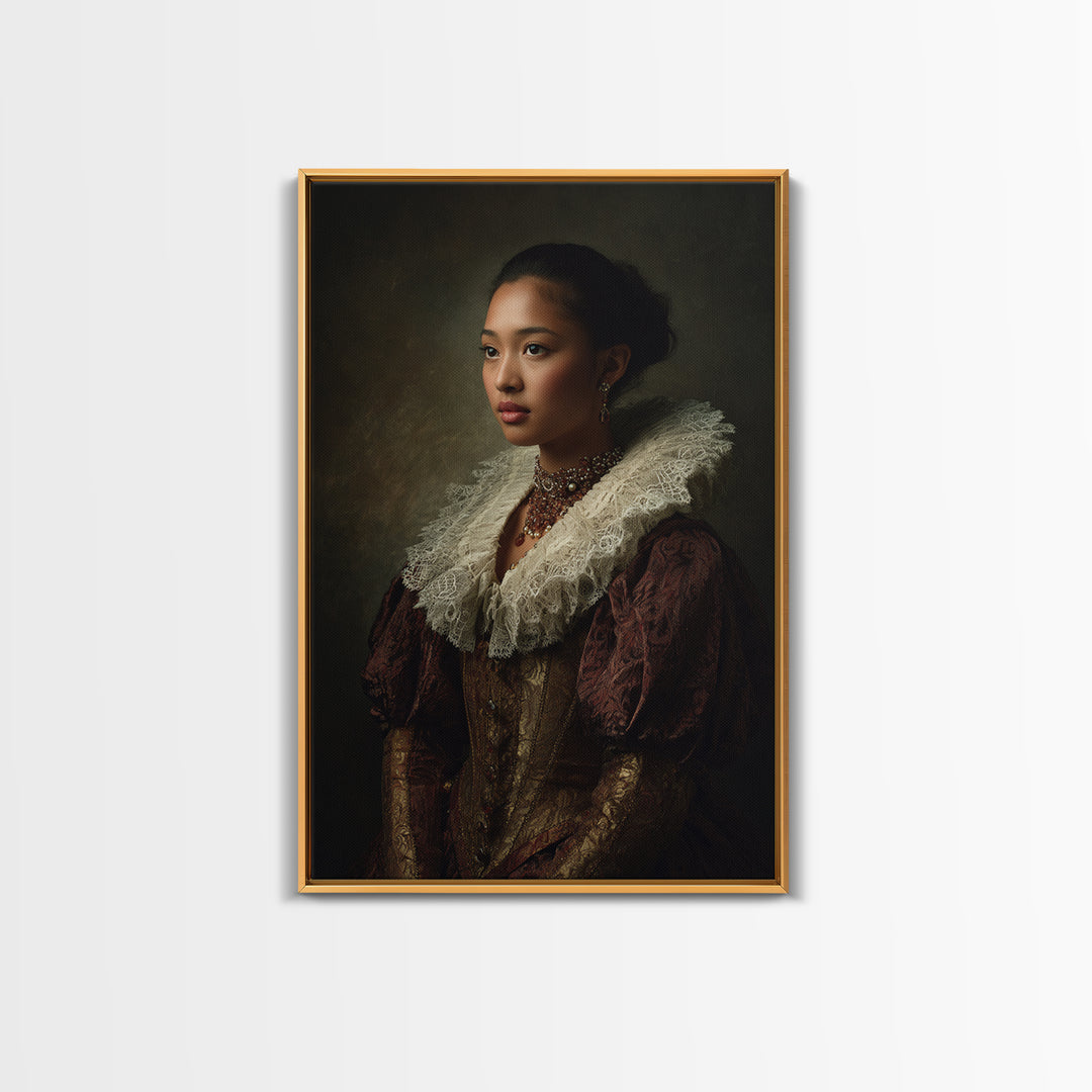 Classical Portrait with Lace Collar and Jewel Canvas Print, Baroque Art, Dark Academia Decor, Living Room Decor, Ornate, BAO-2x3-15