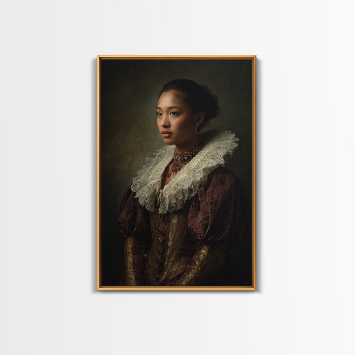 Classical Portrait with Lace Collar and Jewel Canvas Print, Baroque Art, Dark Academia Decor, Living Room Decor, Ornate, BAO-2x3-15