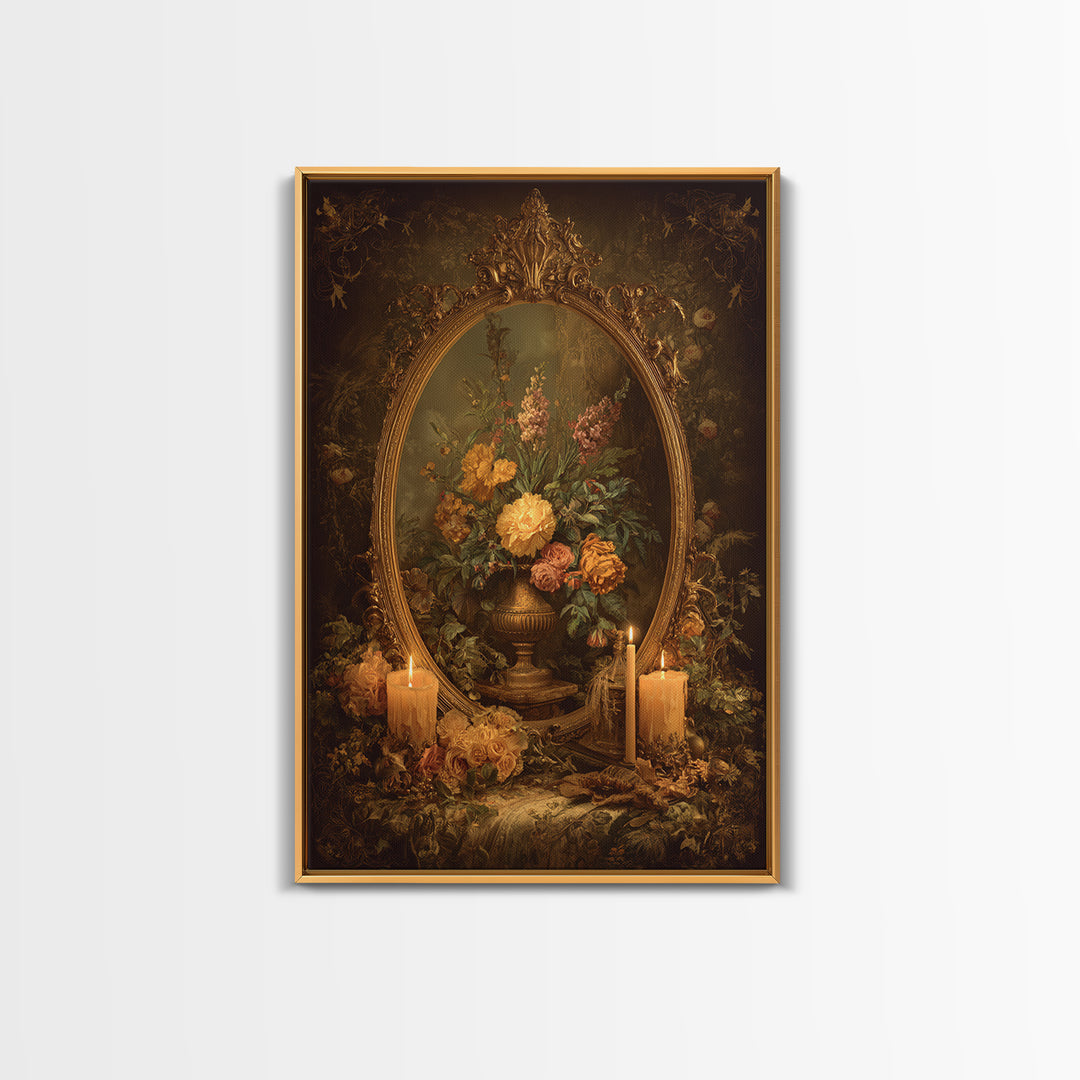 Ornate Gold Frame Illusion Around a Botanical Framed Canvas Print, Baroque Art, Modern Decor, Living Room Decor, Ornate, BAO-2x3-17
