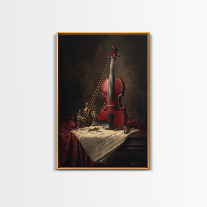 Baroque Violin and Sheet Music Still Life Framed Canvas Print, Baroque Art, Whimsical Decor, Living Room Decor, Ornate, BAO-2x3-19