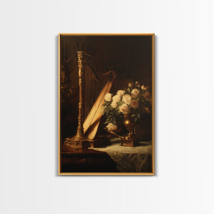 Golden Harp and Roses Framed Canvas Print, Baroque Art, Maximalist Wall Art, Living Room Decor, Abstract Art, Ornate, BAO-2x3-2
