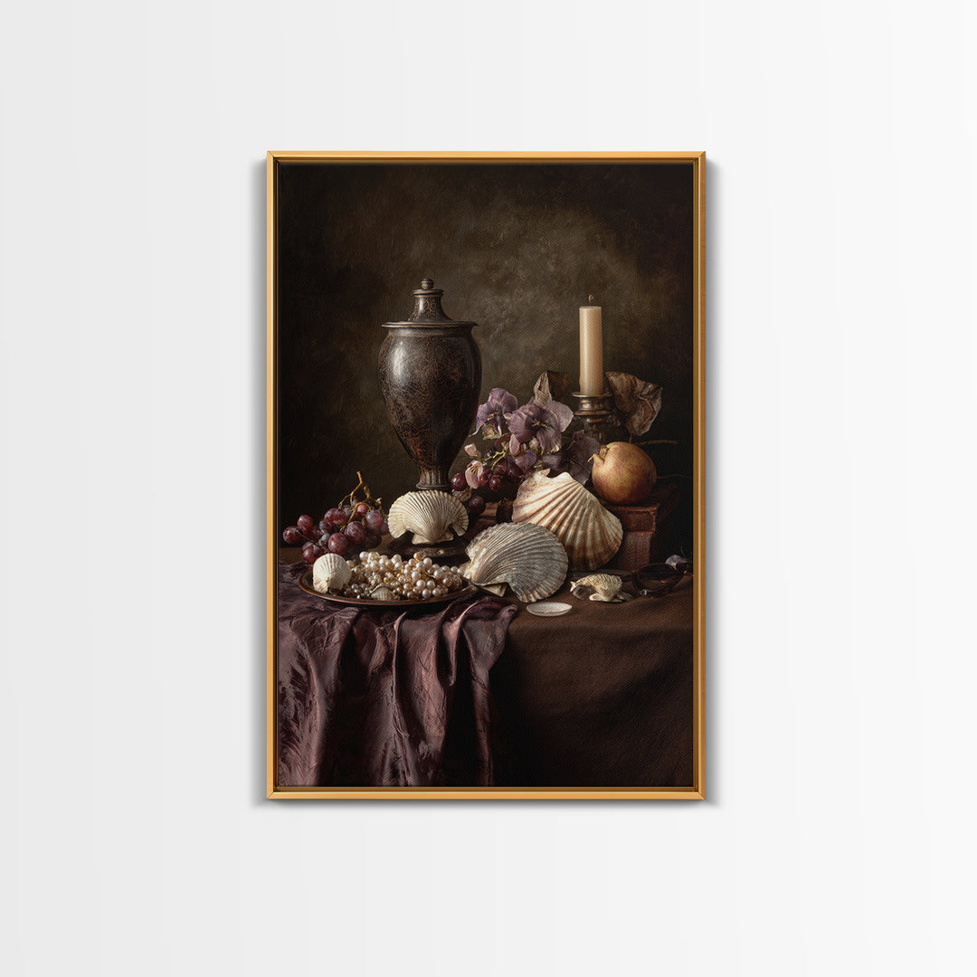 Ornamental Shell and Pearl Composition Framed Canvas Print, Baroque Art, Feminist Art, Living Room Decor, Fine Art, Ornate, BAO-2x3-30