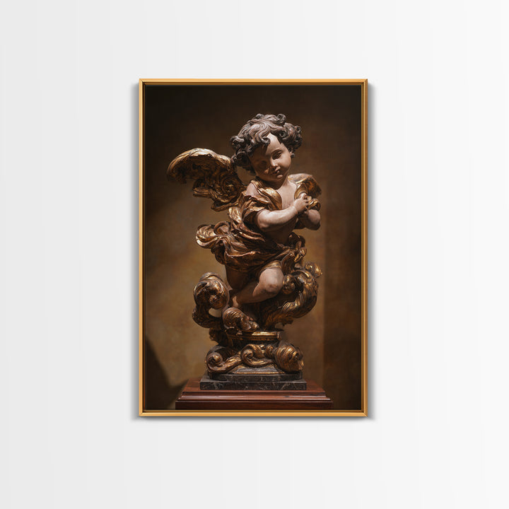 Ornate Cherub Figure Surrounded by Clouds and Framed Canvas Print, Baroque Art, Neutral Decor, Living Room Decor, Oil Painting, BAO-2x3-34